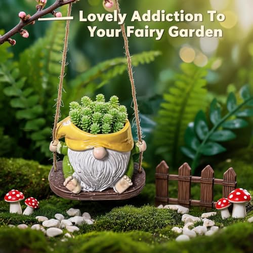 4" Swing Hanging Gnome Resin Pot with Drainage, Succulent Garden Decor Gift - color: A04-hanging Yellow Gnome