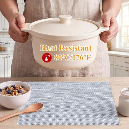 SHACOS Blue White Silver Thread Woven Placemats Set of 6 Vinyl Place Mats - color: Blue White Silver, size: Set of 6