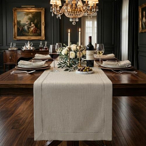 Signature Linen™ by D'Moksha, Natural Table Runner 108 Inches Long, 100% Pure Linen, Hemstitch, 14 x 108 Inch Table Runner for Dresser, Dining- Fall, Weddings, Outdoor Hosting - color: Natural, size: 14 X 108 Inch