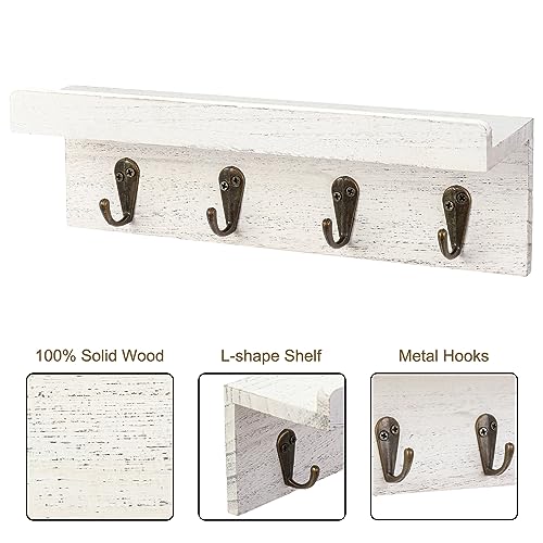 Key Holder Wall Mount, Farmhouse Wall Shelf with 4 Hooks for Entryway - color: White