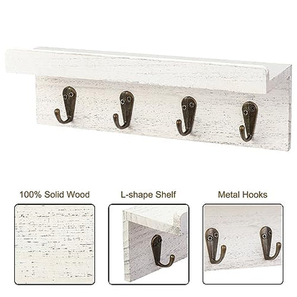Key Holder Wall Mount, Farmhouse Wall Shelf with 4 Hooks for Entryway - color: White