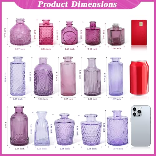 Set of 15 Purple Glass Bud Vases Small Textured Flower Vases - color: Purple