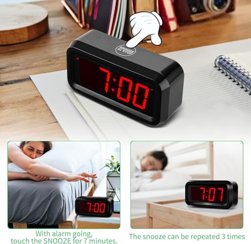 Alarm Clock,1.2'' LED,Cordless,Battery Operated,3-Level Brightness,12/24Hr - color: Black Case-red Led