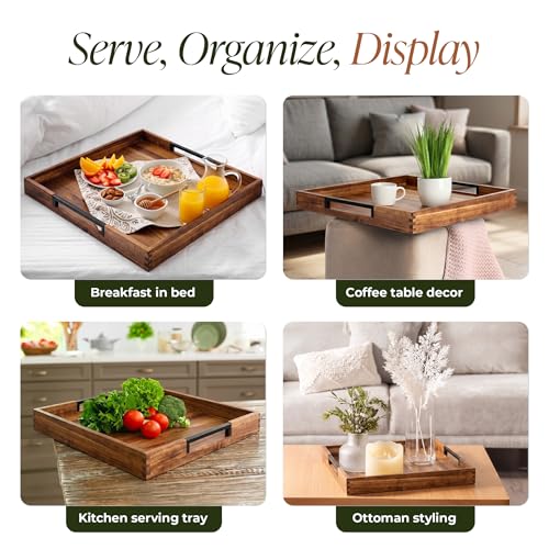 22" x 22" Large Square Acacia Wood Ottoman Tray with Extended Metal Handles, Oversized Decorative Serving Tray for Coffee Table, Ottoman, Breakfast in Bed & Living Room Decor