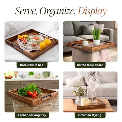 22" x 22" Large Square Acacia Wood Ottoman Tray with Extended Metal Handles, Oversized Decorative Serving Tray for Coffee Table, Ottoman, Breakfast in Bed & Living Room Decor