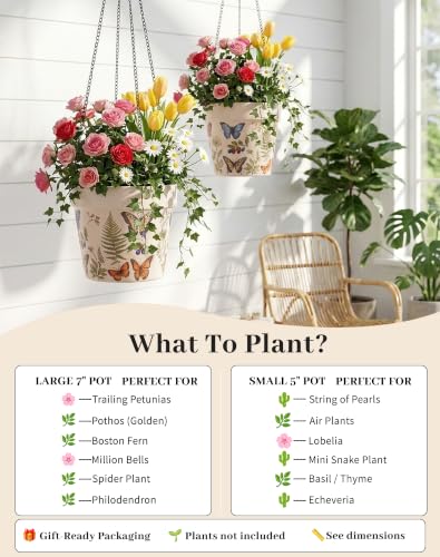 Stoneware Hanging Planters Set of 2,Large 7" + Small 5" - color: Set 2-butterfly Garden
