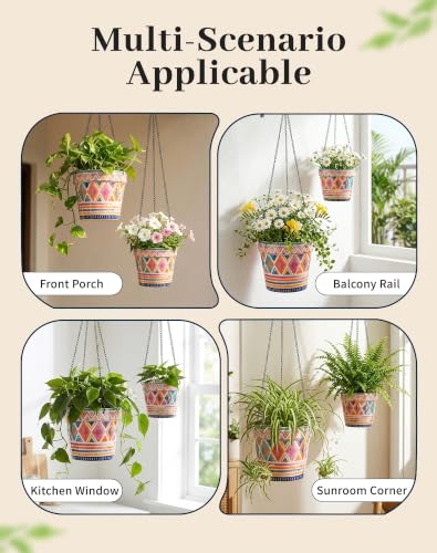 Stoneware Hanging Planters Set of 2, Large 7" + Small 5" - color: Set 2-boho Geometric