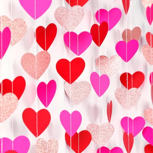 Rose-Gold Red Valentines Party-Decorations Heart-Garland - 52ft Galentines Glitter Streamers Banner,Women Romantic Special Night Wedding Bachelorette Bridal Shower Birthday Backdrop Decor Burgleda - color: Rose Gold Red