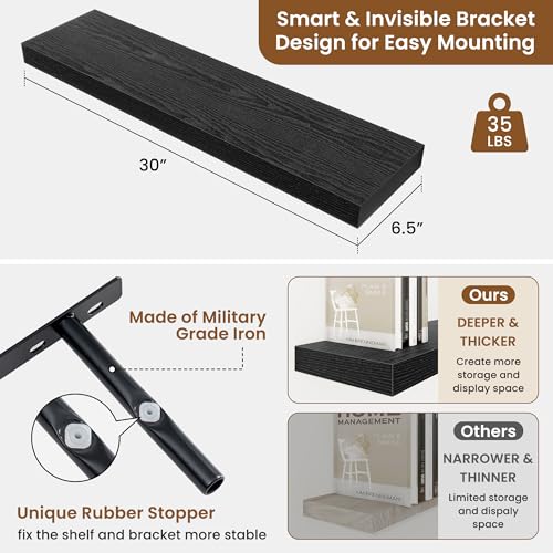 Floating Shelves for Wall, Wall Mounted Wood Shelves, Black, Set of 2, 30in - color: Black, size: 30"W x 6.5"D , 2 Pack