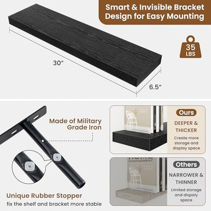 Floating Shelves for Wall, Wall Mounted Wood Shelves, Black, Set of 2, 30in - color: Black, size: 30"W x 6.5"D , 2 Pack