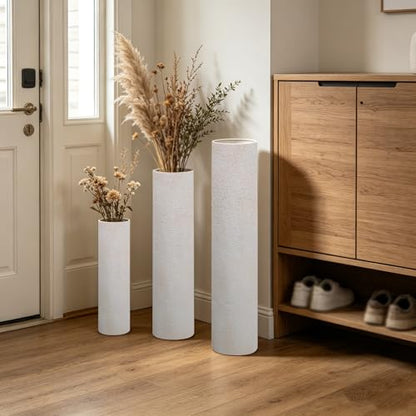Distressed Off-White Tall Floor Vase - Set of 3 Pottery Look Metal Vases