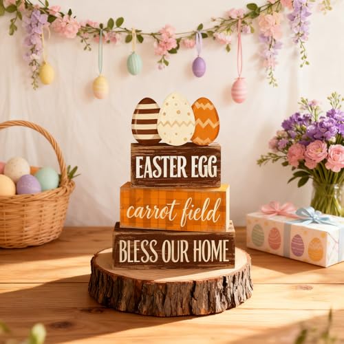 Easter Decorations - Easter Egg Carrot Field Tiered Tray Decor - Wooden Farmhouse Easter Tabletop Sign with Eggs & Carrot Theme - Rustic Spring Home Decor for Shelf Mantel Kitchen - Spring Home Decor for Living Room, Kitchen Counter - style: Egg