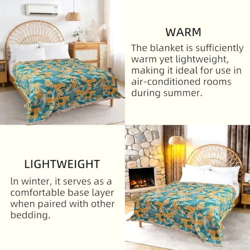 Boho Throw Blanket for Couch Bed, 100% Cotton Soft Rustic Quilt with Tassel 80''x 90'', Super Soft Bohemian Decor Reversible Sofa Bed Chair Blanket Cover for All Seasons(Floral Leopard)