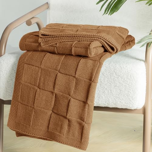 Whale Flotilla Checkered Knit Throw Blanket for Couch, Brown - color: Brown, size: 50x60 Inch