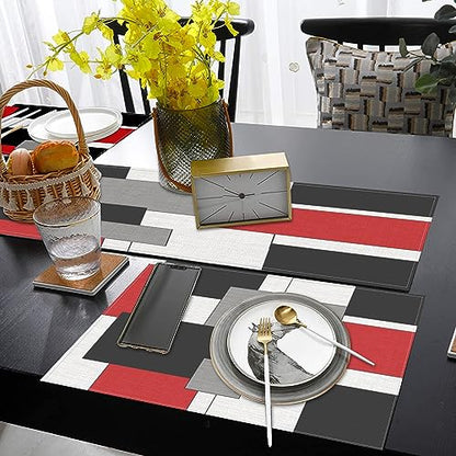 ArtSocket Table Runner and Placemats Set of 6, Geometric Abstract - color: Geometric Red