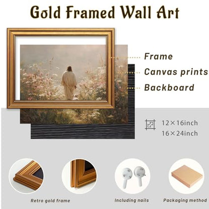 Gold Framed Jesus Wall Art Jesus Leaves The 99 Sheep Pictures 12x16 Inch - color: Jesus, size: 16"L x 12"W