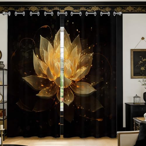 Black and Gold Blackout Curtains, Lotus Drapes 84 inches length, 2 Panels - color: Black and Gold, size: 52"W x 84"L (Pack of 2)