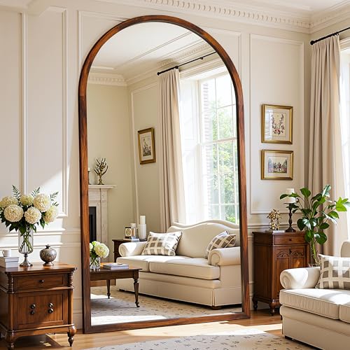 Full Length Mirror 82"×44" Floor Mirror Standing Tall Mirror, Arched Stand up Large Wall Mirrors, Freestanding Full Body Mirrors for Bedroom Living Room Wood Antique Style Walnut - color: Walnut, size: 82"L x 44"W, style: Antique
