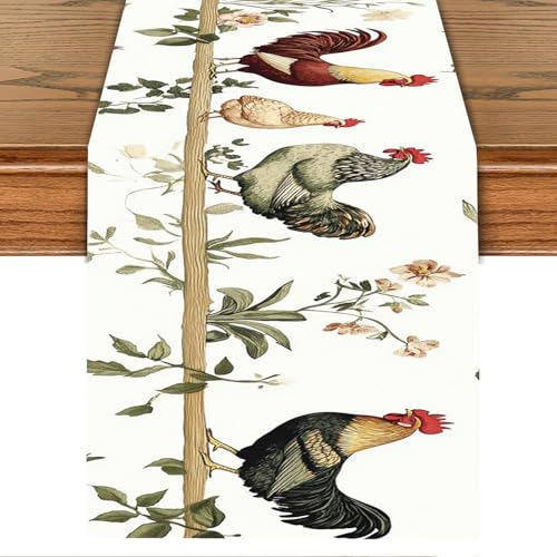 Farmhouse Chicken Table Runner with Floral Design – 13x72 Inch Country Rooster Dining Table Decor, Rustic Linen-Look Runner for Kitchen, Farmhouse Style, Spring & Everyday Use - color: 10
