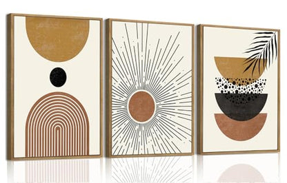 Boho Abstract Sun Framed Canvas Wall Art Set of 3, 12x16 inch - color: Boho Sun, size: 12"x16"Natural