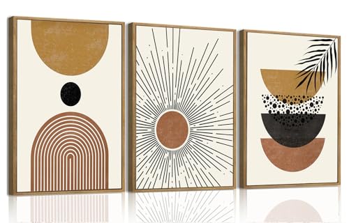 Boho Abstract Sun Framed Canvas Wall Art Set of 3, 12x16 inch - color: Boho Sun, size: 12"x16"Natural