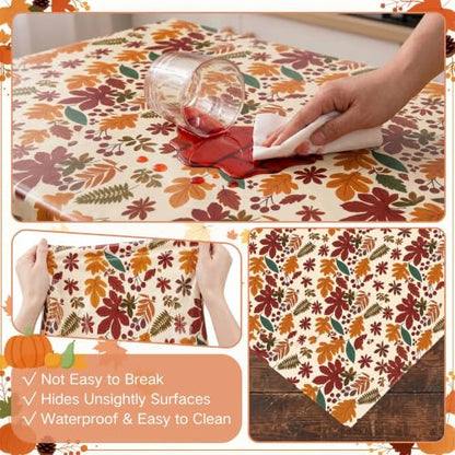 100FT x 54IN Thanksgiving Plastic Tablecloth Roll with Slide Cutter Box - color: Brown Leaves, size: 1200" x 54" (Rectangular)
