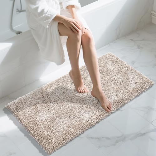 Yimobra Long Bathroom Rug Non Slip 44x24 Inch, Extra Thick Soft Absorbent Chenille Bath Mat, Machine Washable Quick Dry Bath Rugs for Bathroom Floor, Tub and Shower, Home Decor Accessories, Khaki - color: Khaki, size: 44" X 24"