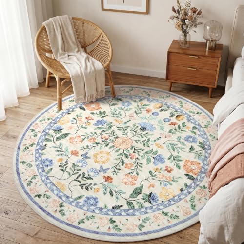 GarveeHome 4ft Round Washable Floral Rug Non-Slip Low Pile Nursery Green - color: Green, size: 4' (Round)