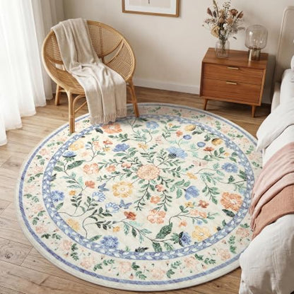 GarveeHome 4ft Round Washable Floral Rug Non-Slip Low Pile Nursery Green - color: Green, size: 4' (Round)