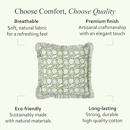 CPC Olive Bloom Block Print Ruffle Pillow Cover 18x18 Inch, Pack of 2 - color: Olive Bloom, size: 18" x 18" (Pack of 2)