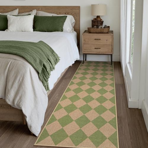 Lahome Checkered Easy Jute Hallway Runner Rug, 2x8 Outdoor Rugs Washable - color: Sage Green/Nature-2, size: 2'6" x 8' (Runner)