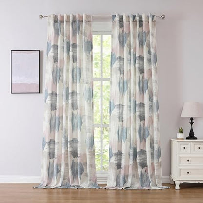 Kayne Studio Blue Pink Boho Abstract Rod Pocket Semi Sheer Curtains 95 Inch - color: Blue-rose Multi, size: 52"W x 95"L (Pack of 2)