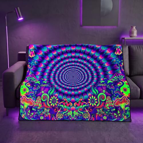 Blacklight Mushroom Throw Blankets Glow in the Dark Black Light Fantasy Mushroom Throw UV Reactive Cool Blanket Throw for Bedroom Dorm Decor 59”x51” - color: Mushroom Wave