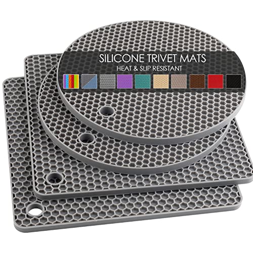 Silicone Trivet Mats, Silicone Pot Holders for Hot Pots and Pans, Heat Resistant Counter Mats for Tables, Countertops, Spoon Rest and Large Coasters, 4 Pack Gray Trivets for Hot Dishes - color: 01 Light Gray, size: 7x7in