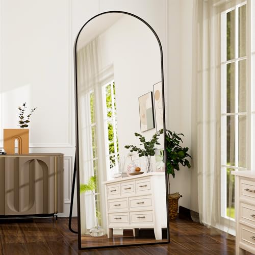 GLSLAND 64"x21" Arched Full Length Floor Mirror Full Body Mirror with Stand - color: Black, size: 64"L x 21"W