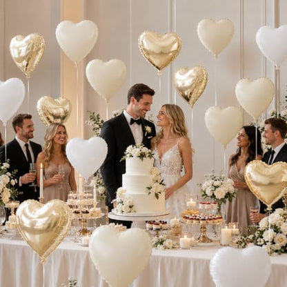 Cream White Gold Heart Foil Balloons,12Pcs 18Inch Heart Shaped Balloons - color: Cream White Gold