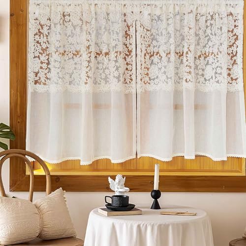 Vintage Beige Embroidered Floral Lace Sheer Curtain Valance for Kitchen - size: 39"W x 35"L (Pack of 1)