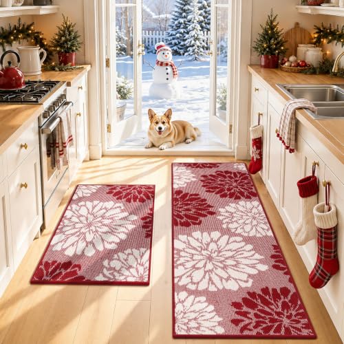 Findosom Christmas Kitchen Rugs Sets of 2, Floral Washable Kitchen Runner - color: Red, size: 24" x 36" + 24" x 71"