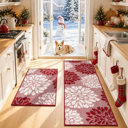 Findosom Christmas Kitchen Rugs Sets of 2, Floral Washable Kitchen Runner - color: Red, size: 24" x 36" + 24" x 71"