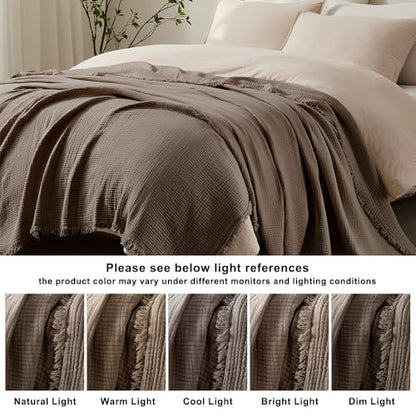 WDCOZY Muslin Blanket 100% Cotton Blankets Twin Size 4-Layer Breathable Lightweight for Couch Bed Boho Farmhouse Linen Tassels Ruffle Gauze Blankets 60x80 Inches Brown Mocha Chocolate Coffee Taupe - color: Mocha, size: Twin (60"x80")