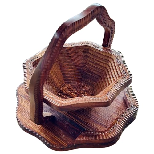 Handmade 14″ Collapsible Wooden Basket, Single Bowl Flower Design in Himalayan Rosewood, Fruit Basket, Bread Bowl & Trivet, Folds Flat for Easy Storage – Unique Centerpiece & Gift