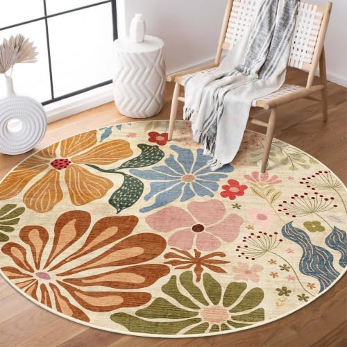 MUJOO Round Rug 4ft Small Circle Area Rug Washable Non Slip Floral Beige - color: Beige, size: 4' (Round)