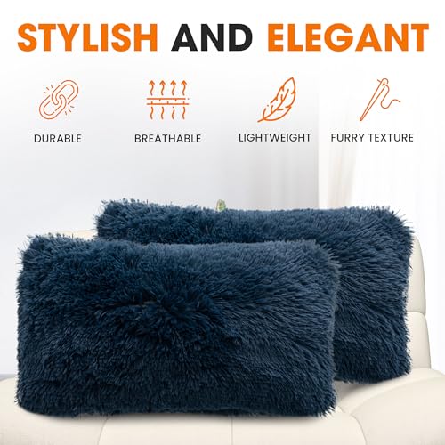 Cheer Collection Throw Pillows for Couch and Bed, Soft Shaggy Throw Pillows with Inserts Included, Cozy Long Hair Faux Fur Pillows - Set of 2-12" x 20" - Navy Blue - color: Navy Blue, size: 12" x 20"