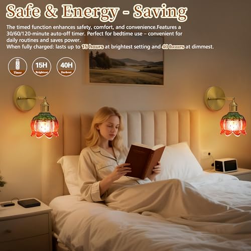 Battery Operated Wall Sconces Set of 2, Red Tulip Glass Wall Lights | Rechargeable flower wall lamps with remote control, 15 colors, 10-level dimming and timer for bedroom and living room - color: Red