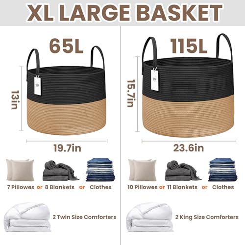 JMvicyroam 65L Extra Large Machine Washable Cotton Rope Blanket Basket - color: Black&Jute, size: 65L