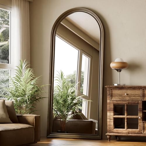 71"x32" Elegant Vintage Arched Full Length Mirror with Stand, Luxury Large Full Body Mirror with Tempered Glass, Leaning Wall Mount Floor Standing Mirrors for Living Room Bedroom Entryway Outfit Check - color: Vintage Copper