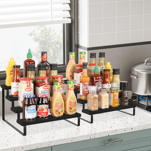 YINMIT Wooden Display Riser Stand, Tiered Perfume and Cologne Organizer Stand, 4 Tier Spice Rack Organizer, Rustic Display Shelf for Candles (4 Tier,2Pack,Black) - color: 4 Tier,2 Pack,Black