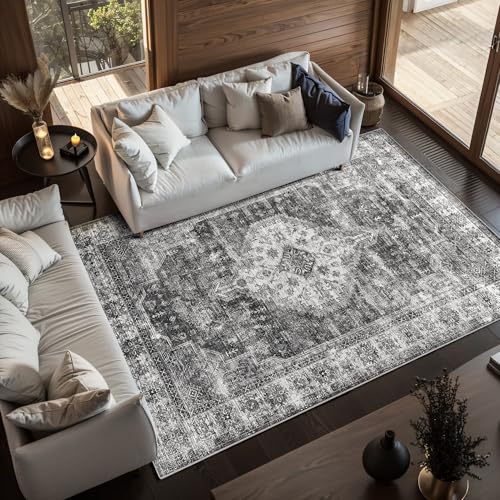 6x9 Area Rug, Washable Rug for Living Room Entryway Bedroom Kitchen, Vintage Medallion Carpet with Non-Slip Backing, Ultra-Thin Low Pile Boho Farmhouse Carpet for Home Decor, Black - color: Black, size: 6' x 9' (Rectangular)