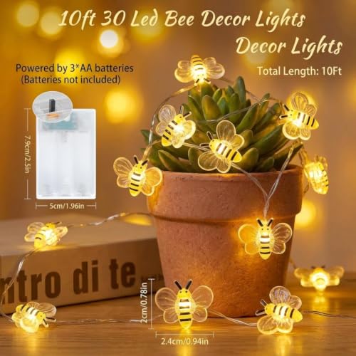 Bee Decor String Lights 10ft with 30pcs Honeybee Shaped LED Bulb Battery Operated Fairy Lights for DIY Indoor Bedroom Baby Shower Party Wedding Patio Christmas - color: Bee
