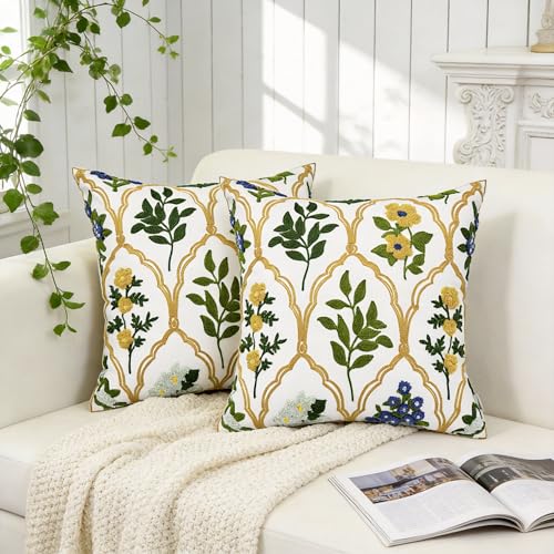 Alysheer Floral Embroidered Throw Pillow Cover 18"x18", 2pcs Mustard Blue - color: - Blue Mustard, size: 18" x 18" (Pack of 2)